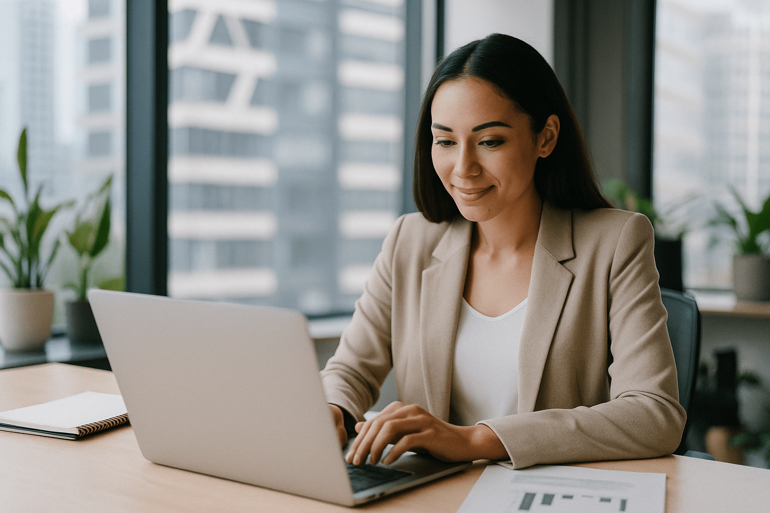 Business-Frau arbeitet am Laptop im modernen Büro – Symbolbild für digitale Lösungen und professionelle E-Commerce Strategien von Neovatios