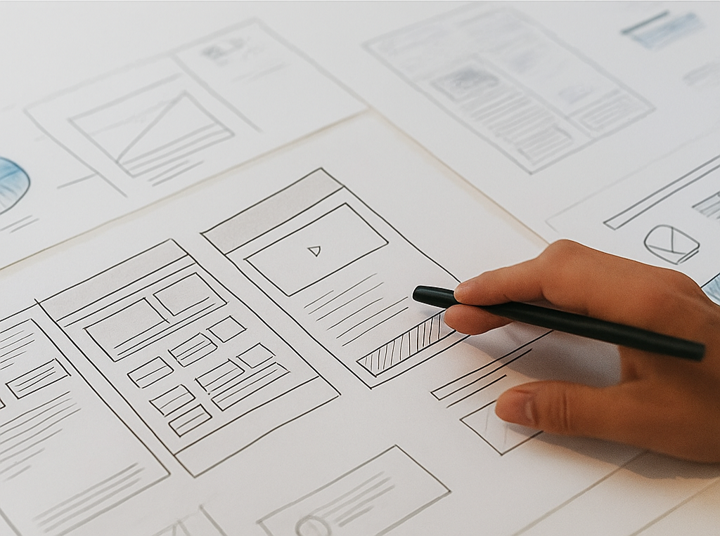 Hand zeichnet Wireframe-Skizzen für Website-Layout – Symbolbild für UX-Design, Prototyping und digitale Lösungen von Neovatios