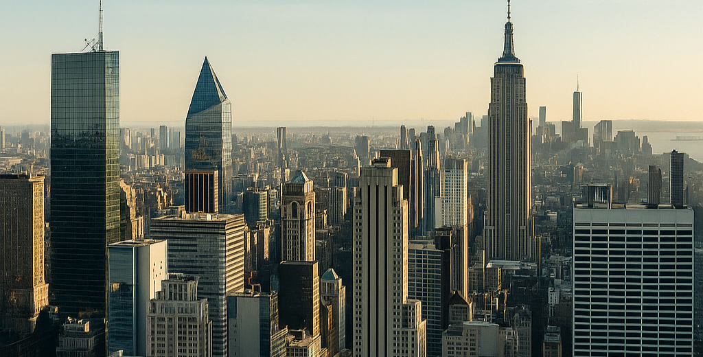 Moderne Skyline mit Hochhäusern – Symbolbild für Vision, Innovation und internationales Wachstum bei Neovatios